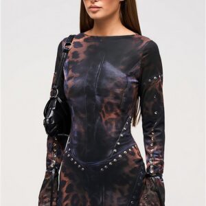 Stylish Leopard Rivet Slim Mini Dress