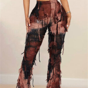Ripped Fringe Tie Flared Pants
