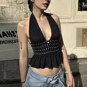 Sexy Deep V Cut Out Backless Halter Bodycon Fit Halter Top