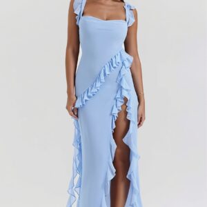 Ribbon Ruffle Splice Slit Maxi Dress