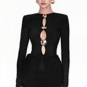 Slim Hollow Pleated Metal Trim Mini Dress