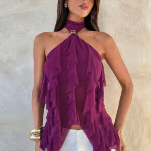 Chic Solid Ruffle Slim Halter Top