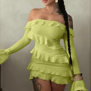Off Shoulder Ruffle Flare Sleeve Mini Dress