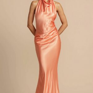 Solid Satin Halter Backless Maxi Dress
