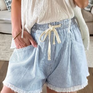 Striped Raw Hem Denim Shorts
