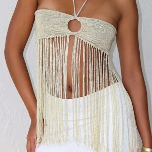 Sexy Tie Cami Hollow Tassel Halter Top