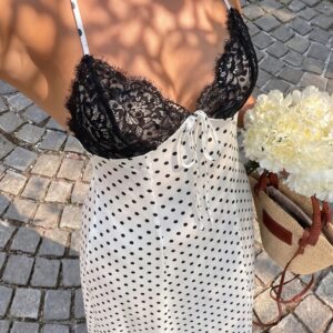 Elegant Polka Dot Halter Lace Spliced Back Tie Slimming Maxi Dress