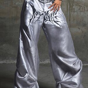 Letter Print Contrast Satin Straight Leg Pants