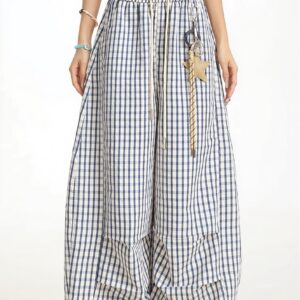 Casual Blue Plaid Curved Pants
