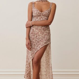 Sexy Sheer Irregular Floral Maxi Dress