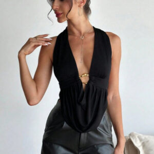 Sexy Solid Metal Buckle Backless Halter Top