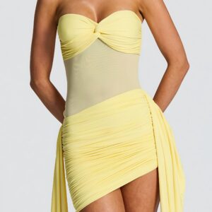 Elegant Mesh Splicing Ribbon Tie Solid Color Strapless Mini Dress