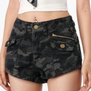 Retro Camo Denim A Line Wide Leg Shorts