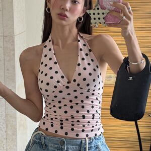 Chic Polka Dot Backless Halter Bodycon Layering Halter Top